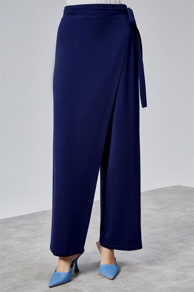 Kadın Lastikli Yüksek Belden Bağlamalı Geniş Paça Lacivert Pantolon 