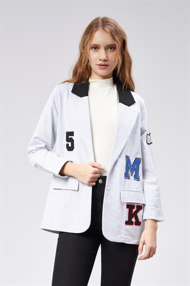 Kadın Nakışlı Örme Kumaş Gri Ceket