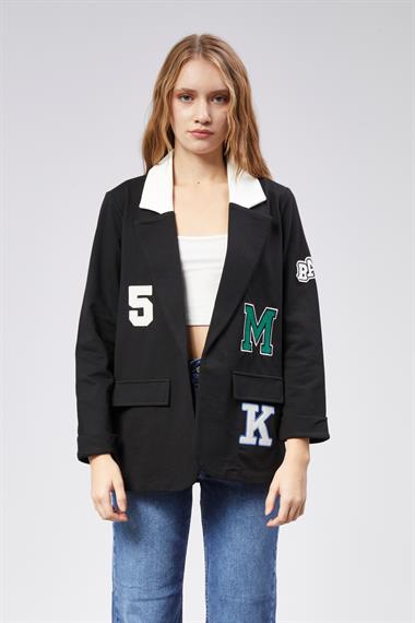 Kadın Nakışlı Örme Kumaş Siyah Ceket