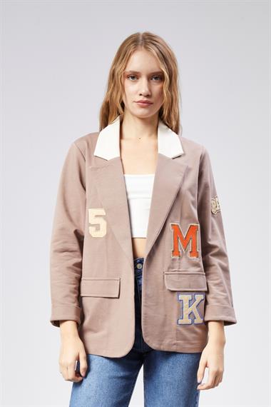 Kadın Nakışlı Örme Kumaş Vizon Ceket