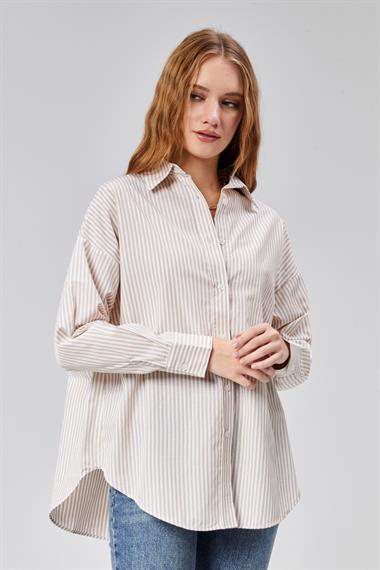 Kadın Oversize Uzun Kollu Pamuklu Bej Çizgili Gömlek 
