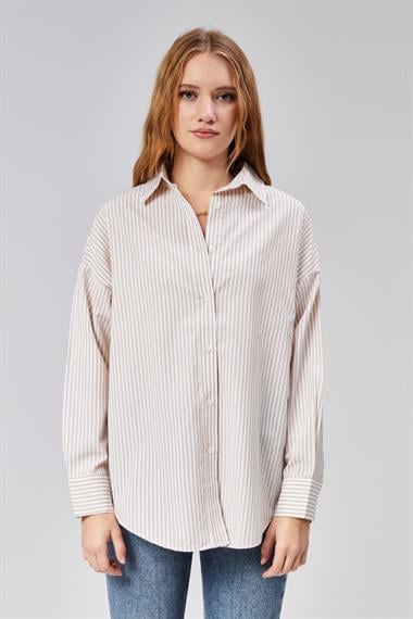 Kadın Oversize Uzun Kollu Pamuklu Bej Çizgili Gömlek 