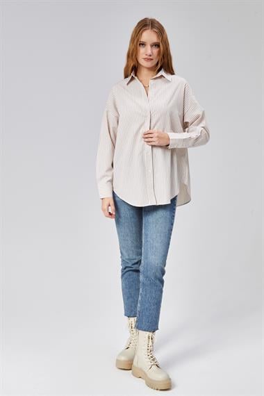 Kadın Oversize Uzun Kollu Pamuklu Bej Çizgili Gömlek 