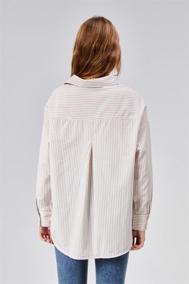 Kadın Oversize Uzun Kollu Pamuklu Bej Çizgili Gömlek 