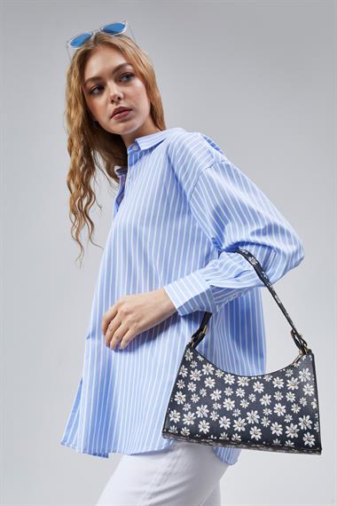 Kadın Oversize Uzun Kollu Pamuklu Lacivert Çizgili Gömlek 