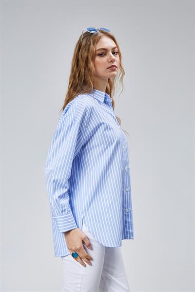 Kadın Oversize Uzun Kollu Pamuklu Lacivert Çizgili Gömlek 