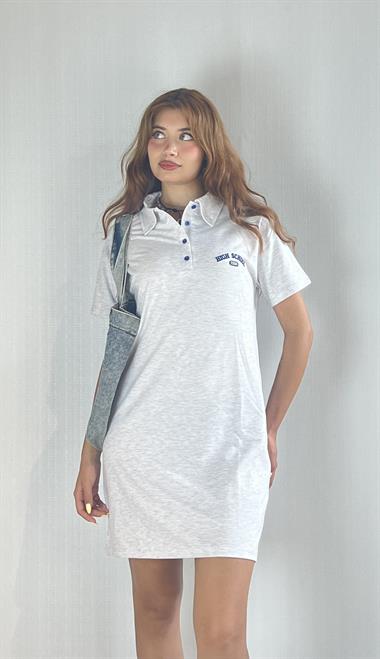 Kadın Pola Yaka Düğmeli Kısa Kol Oversize Elbise - Gri 