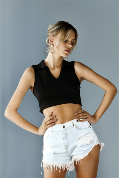 Kadın Pola Yaka Sıfır Kol Crop Top Bluz 