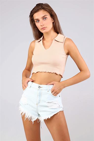 Kadın Polo Yaka Sıfır Kol Bej Crop Top Bluz