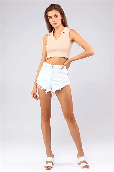 Kadın Polo Yaka Sıfır Kol Bej Crop Top Bluz