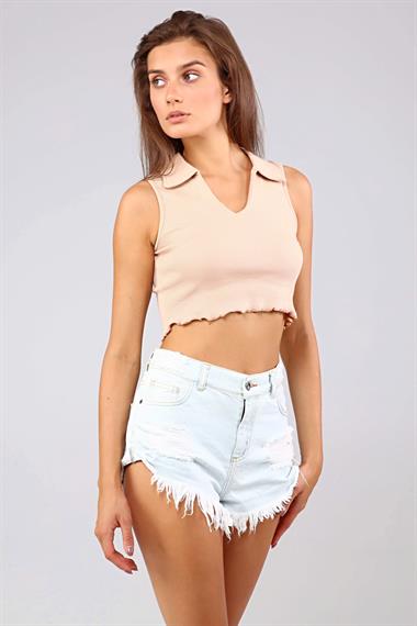 Kadın Polo Yaka Sıfır Kol Bej Crop Top Bluz