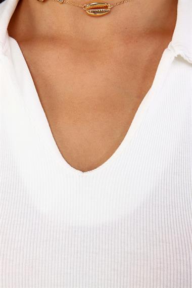 Kadın Polo Yaka Sıfır Kol Beyaz Crop Top Bluz