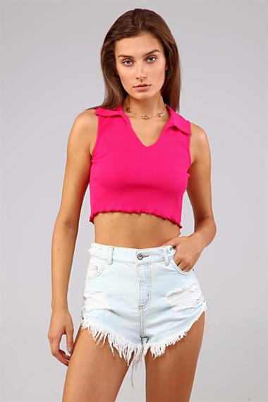 Kadın Polo Yaka Sıfır Kol Fuşya Crop Top Bluz