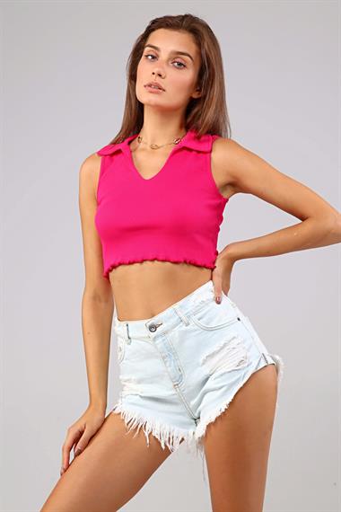 Kadın Polo Yaka Sıfır Kol Fuşya Crop Top Bluz