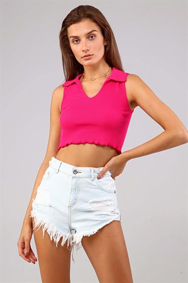 Kadın Polo Yaka Sıfır Kol Fuşya Crop Top Bluz