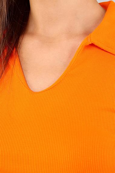Kadın Polo Yaka Sıfır Kol Oranj Crop Top Bluz