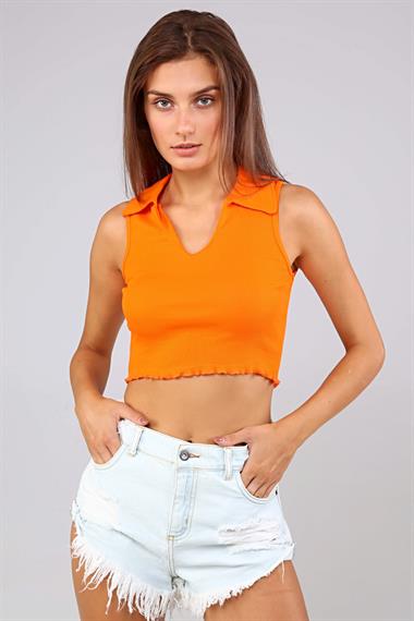 Kadın Polo Yaka Sıfır Kol Oranj Crop Top Bluz