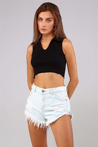 Kadın Polo Yaka Sıfır Kol Siyah Crop Top Bluz