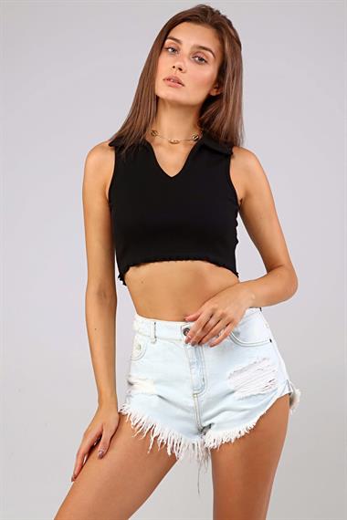 Kadın Polo Yaka Sıfır Kol Siyah Crop Top Bluz