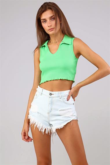 Kadın Polo Yaka Sıfır Kol Yeşil Crop Top Bluz
