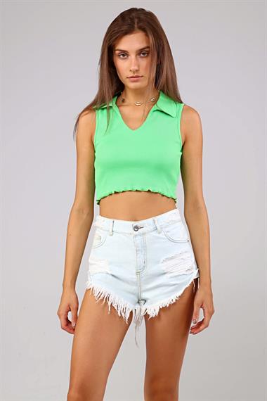 Kadın Polo Yaka Sıfır Kol Yeşil Crop Top Bluz