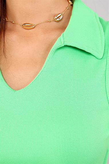 Kadın Polo Yaka Sıfır Kol Yeşil Crop Top Bluz