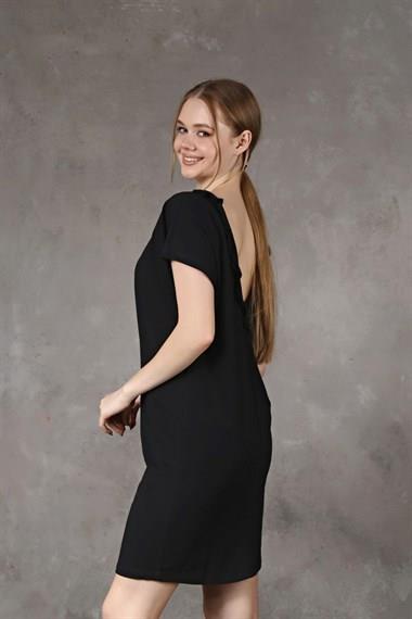 Kadın Sırt Dekolteli Kısa Kollu Mini Siyah Elbise