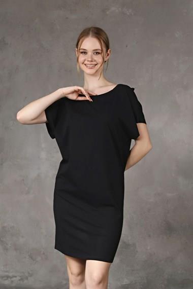 Kadın Sırt Dekolteli Kısa Kollu Mini Siyah Elbise