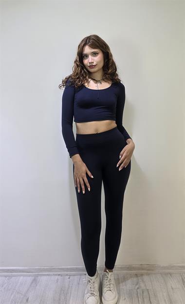 Kadın Uzun Kollu Crop Yüksek Bel Slim Fit Tayt Lacivert İkili Takım