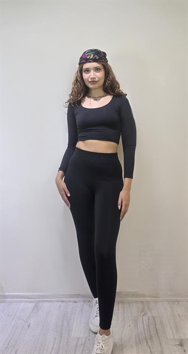 Kadın Uzun Kollu Crop Yüksek Bel Slim Fit Tayt Siyah İkili Takım
