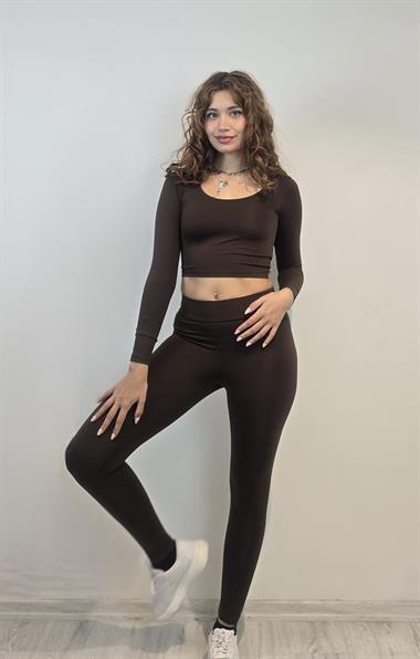 Kadın Uzun Kollu Crop Yüksek Bel Slim Fit Tayt Kahverengi İkili Takım
