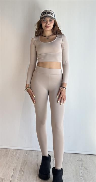 Kadın Uzun Kollu Crop Yüksek Bel Slim Fit Tayt Bej İkili Takım