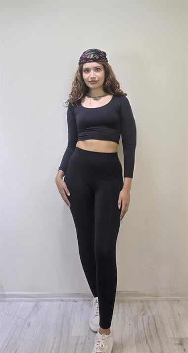 Kadın Uzun Kollu Crop Yüksek Bel Slim Fit Tayt Siyah İkili Takım