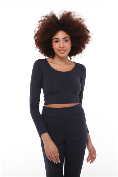 Kadın Uzun Kollu Dar Kalıp Yuvarlak Yaka Kadın Lacivert Crop Top Tişört 