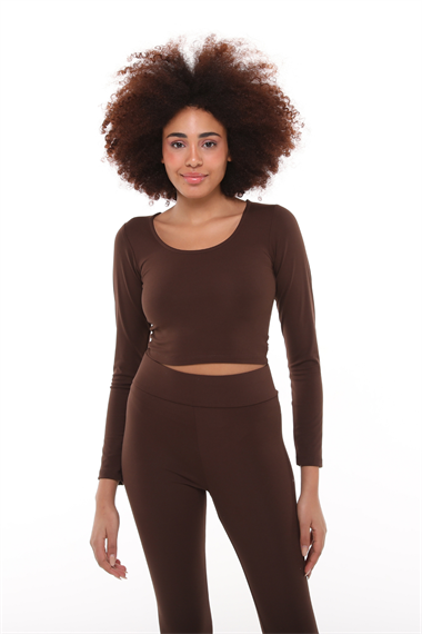 Kadın Uzun Kollu Dar Kalıp Yuvarlak Yaka Kadın Kahverengi Crop Top Tişört 