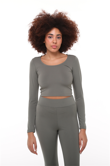 Kadın Uzun Kollu Dar Kalıp Yuvarlak Yaka Kadın Haki Crop Top Tişört 