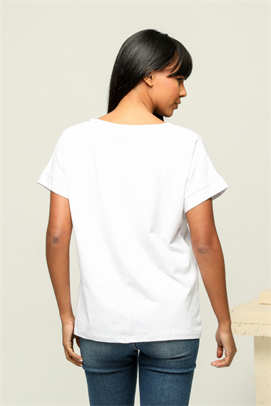 Kadın V Yaka Kısa Kol Düz Basic Beyaz Tişört