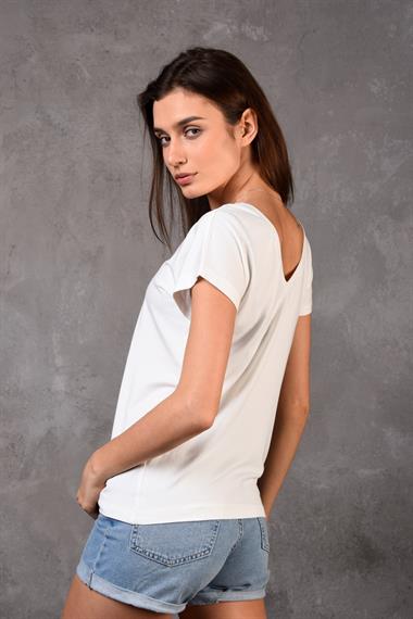 Kadın V Yaka Kısa Kol Düz Basic Beyaz Tişört 