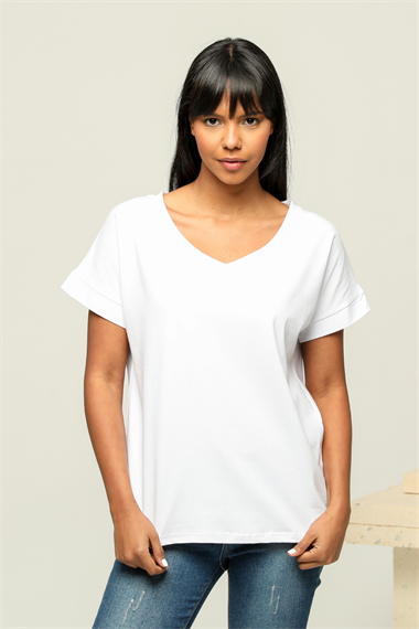 Kadın V Yaka Kısa Kol Düz Basic Beyaz Tişört