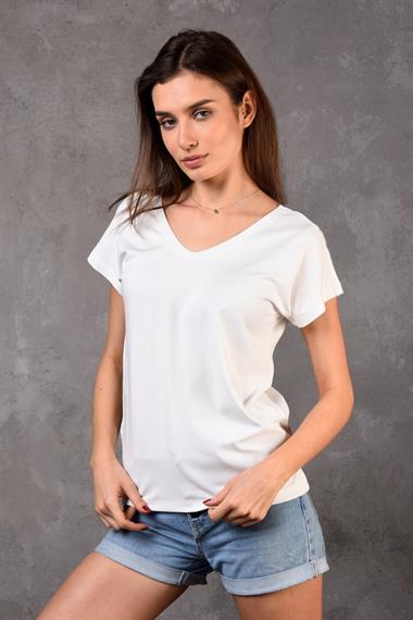 Kadın V Yaka Kısa Kol Düz Basic Beyaz Tişört 
