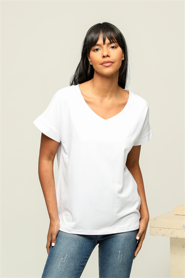 Kadın V Yaka Kısa Kol Düz Basic Beyaz Tişört