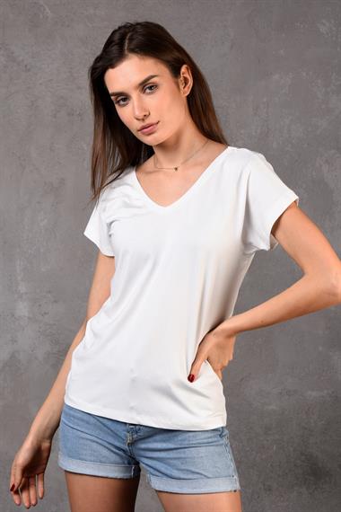 Kadın V Yaka Kısa Kol Düz Basic Beyaz Tişört 