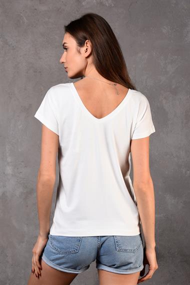 Kadın V Yaka Kısa Kol Düz Basic Beyaz Tişört 