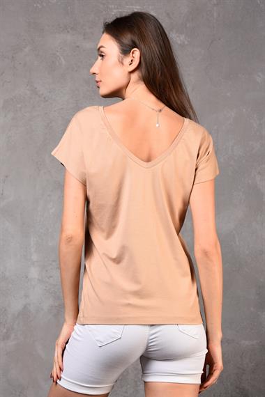 Kadın V Yaka Kısa Kol Düz Basic Kahverengi Tişört 