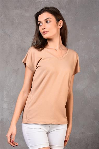 Kadın V Yaka Kısa Kol Düz Basic Kahverengi Tişört 