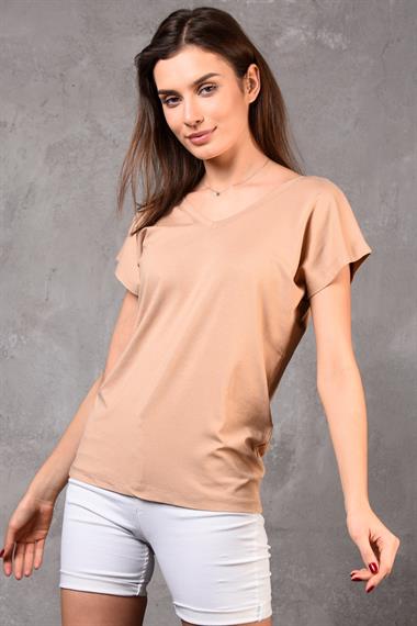 Kadın V Yaka Kısa Kol Düz Basic Kahverengi Tişört 