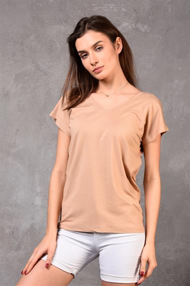 Kadın V Yaka Kısa Kol Düz Basic Kahverengi Tişört 