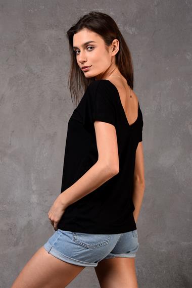 Kadın V Yaka Kısa Kol Düz Basic Siyah Tişört 