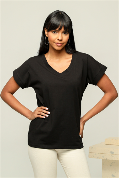 Kadın V Yaka Kısa Kol Düz Basic Siyah Tişört