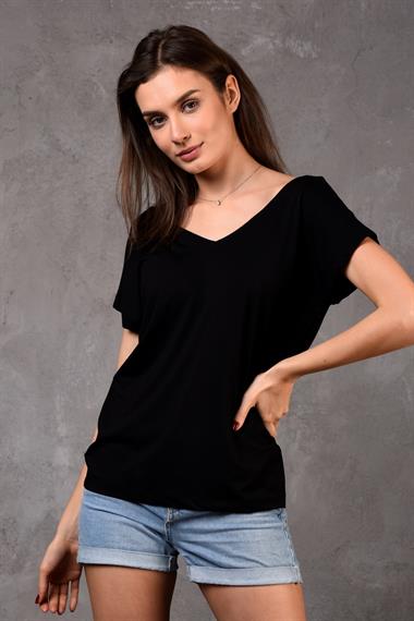 Kadın V Yaka Kısa Kol Düz Basic Siyah Tişört 